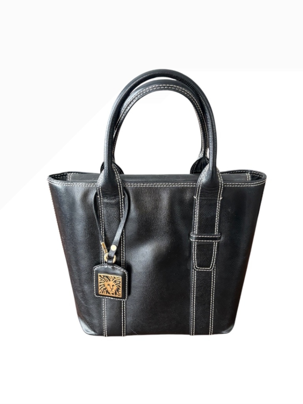 Anne Klein Vintage Lion Logo Charm Tote Bag Black Faux Leather